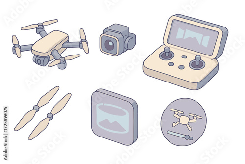Drone Gear Setup. Isometric vector illustration set Drone Photography Gear Setup: foldable drone arms, detachable camera module,