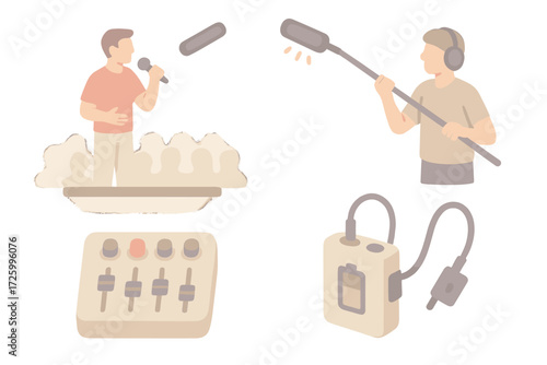 Live Event Audio Setup. Isometric vector illustration set Live Event Boom Audio Capture: boom mic above stage performer, sound
