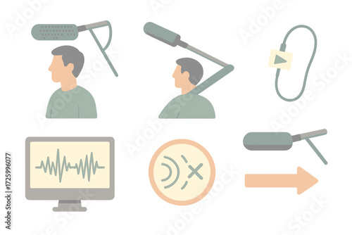 Audio Capture Isometric Icons. Isometric vector illustration set Audio Capture with Boom Mic: mic placement above head, boom pole