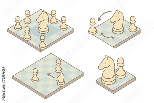 Strategic Chess Moves. Isometric vector illustration set Knight and Pawn Focus Study: knight centralized on d5, pawn structure