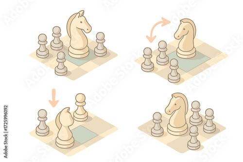 Strategic Chess Moves. Isometric vector illustration set Knight and Pawn Focus Study: knight centralized on d5, pawn structure