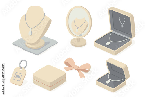 Elegant Jewelry Display. Isometric vector illustration set Silver Necklace Display Setup: necklace draped on bust stand, round