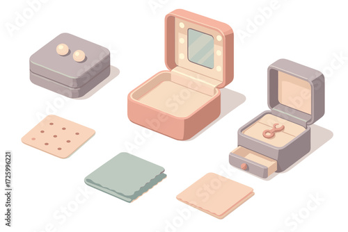 Isometric Jewelry Display. Isometric vector illustration set Jewelry Box and Earring Display: pearl studs on soft pad, satin-lined