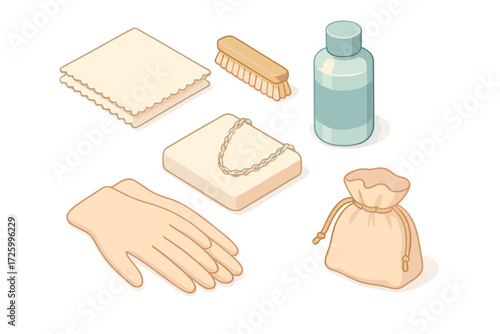 Jewelry Care Tools. Isometric vector illustration set Jewelry Polishing and Care Tools: silver cloth folded neatly, brush for