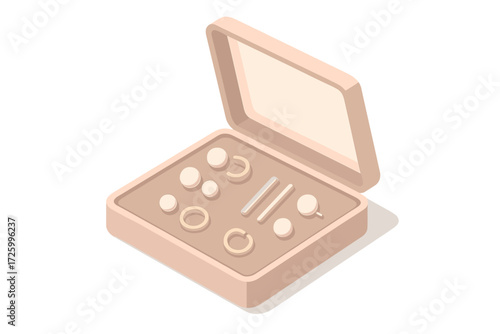 Minimalist Earring Display. Isometric vector illustration set Minimalist Earring Collection: pearl studs with matching cuffs,