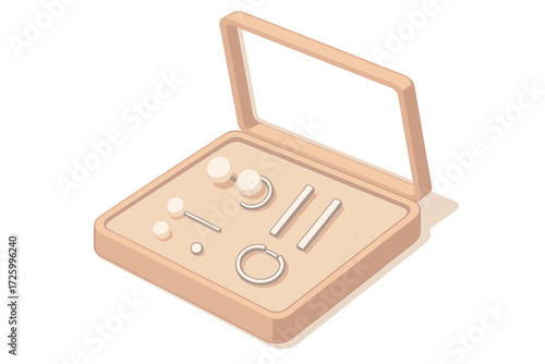 Minimalist Earring Display. Isometric vector illustration set Minimalist Earring Collection: pearl studs with matching cuffs,