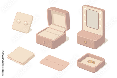 Isometric Jewelry Display. Isometric vector illustration set Jewelry Box and Earring Display: pearl studs on soft pad, satin-lined