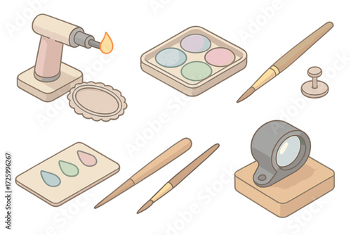 Brooch Craft Tools. Isometric vector illustration set Brooch Craft and Enameling Tools: open flame torch near brooch base, enamel