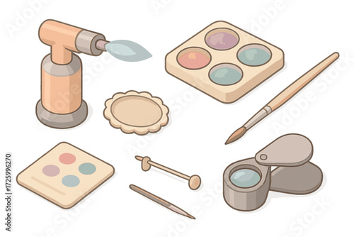 Brooch Craft Tools. Isometric vector illustration set Brooch Craft and Enameling Tools: open flame torch near brooch base, enamel
