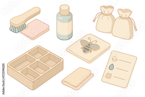Jewelry Care Essentials. Isometric vector illustration set Enamel Brooch Cleaning and Storage: soft brush and microfiber cloth,