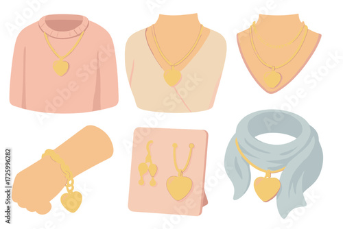 Locket Styling Ideas. Isometric vector illustration set Locket Chain and Wearing Ideas: chain draped over sweater, locket resting