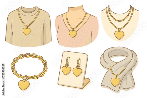 Locket Styling Ideas. Isometric vector illustration set Locket Chain and Wearing Ideas: chain draped over sweater, locket resting
