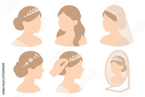 Bridal Hair Styles. Isometric vector illustration set Bridal Hair and Tiara Styling Ideas: low bun with tiara above, half-up hair