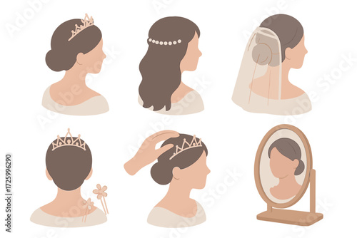 Bridal Hair Styles. Isometric vector illustration set Bridal Hair and Tiara Styling Ideas: low bun with tiara above, half-up hair