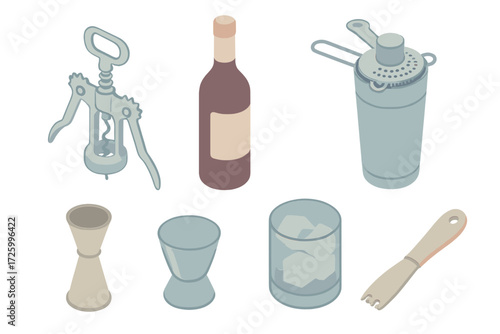 Home Bar Essentials. Isometric vector illustration set Home Bar Tools: wing corkscrew opener, bottle of red wine, cocktail shaker