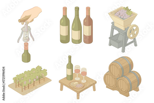 Winery Tour Highlights. Isometric vector illustration set Winery Tour Highlights: corkscrew demonstration, labeled wine bottles,