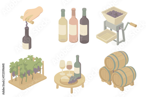 Winery Tour Highlights. Isometric vector illustration set Winery Tour Highlights: corkscrew demonstration, labeled wine bottles,