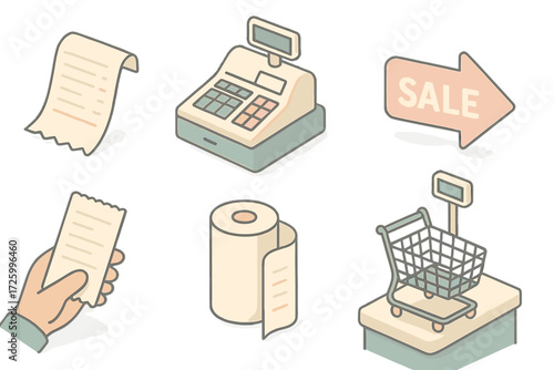 Transaction Icons Set. Isometric vector illustration set Receipt and Transaction Icons: printed receipt slip, register with total