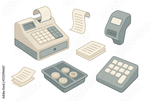 Isometric Cash Register. Isometric vector illustration set Cash Counter Details: register with built-in receipt slot, receipt tape