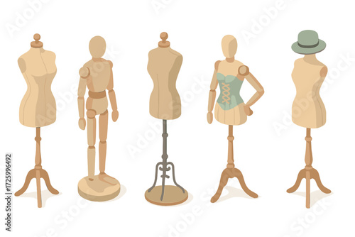 Vintage Mannequin Collection. Isometric vector illustration set Vintage Display Figures: retro mannequin with hourglass shape,