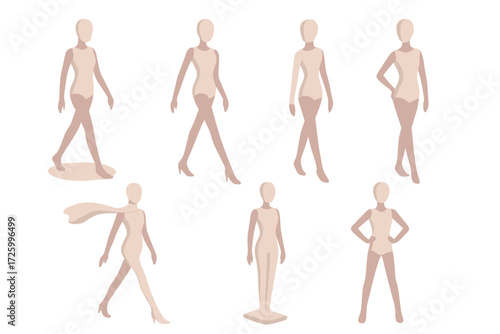 Fashion Mannequin Poses. Isometric vector illustration set High Fashion Poses: mannequin in runway walking pose, mannequin with