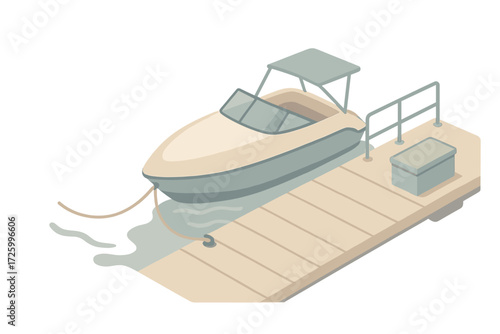 Dockside Boating Scene. Isometric vector illustration set Dockside Boating Scene: motorboat secured with twin lines, dock lines
