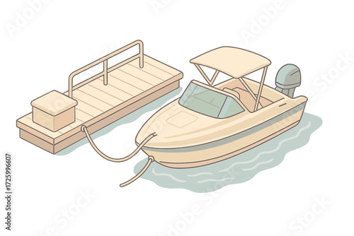 Dockside Boating Scene. Isometric vector illustration set Dockside Boating Scene: motorboat secured with twin lines, dock lines