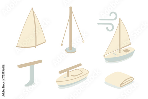 Sailing Essentials Icons. Isometric vector illustration set Sailing Essentials: triangular sail catching wind, mast with sail