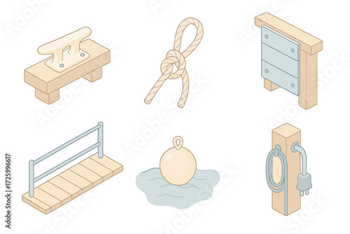Dock Infrastructure Components. Isometric vector illustration set Dock Infrastructure Components: dock beam with mooring hardware,