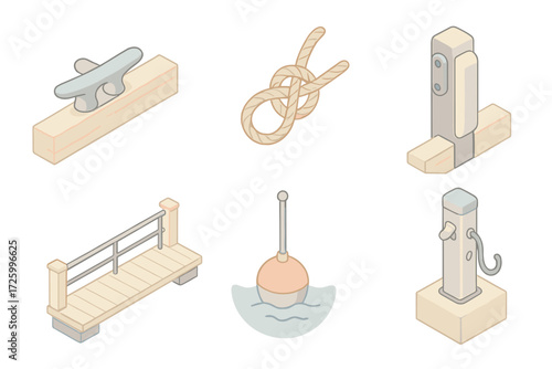 Dock Infrastructure Components. Isometric vector illustration set Dock Infrastructure Components: dock beam with mooring hardware,