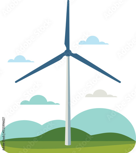 Modern wind turbine generating clean energy on a rolling green hill