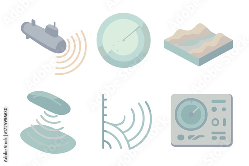 Sonar Interface Illustration. Isometric vector illustration set Submarine Sonar Interface: submarine emitting sonar ping, sonar
