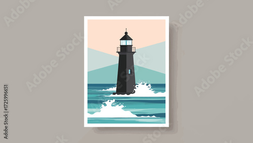 Stylized lighthouse standing tall in rough ocean waves under a pastel sky