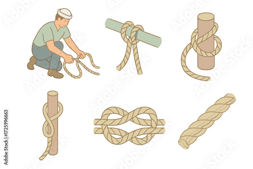 Deck Knot Essentials. Isometric vector illustration set Deck Knot Essentials: sailor tightening sheet bend, rope attached to rail