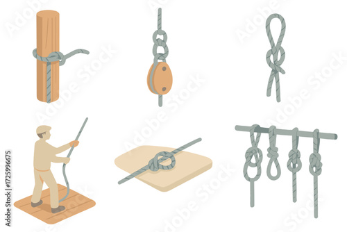 Nautical Knotwork Illustration. Isometric vector illustration set Rigging and Knotwork Details: mast rope with tied hitch, lines