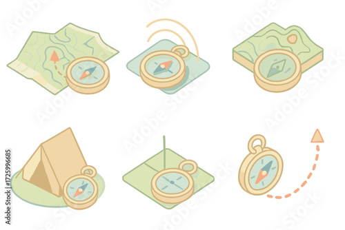 Compass Navigation Scenarios. Isometric vector illustration set Compass Use Scenarios: compass aligned with hiking map, magnetic