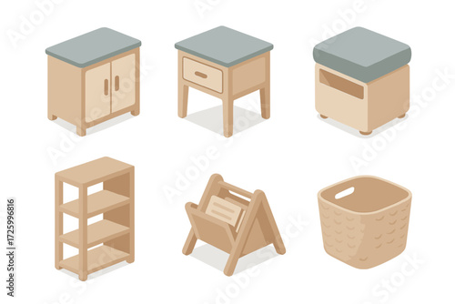 Pastel Living Room Design. Isometric vector illustration set of small living room storage: cabinet, side table, ottoman with