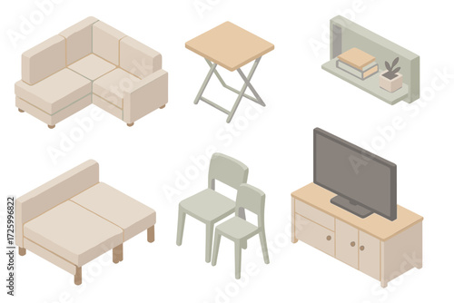 Pastel Living Room Furniture. Isometric vector illustration set of multifunctional living room furniture: sectional sofa, foldable