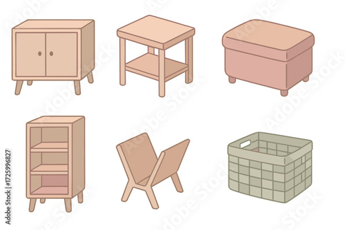 Pastel Living Room Design. Isometric vector illustration set of small living room storage: cabinet, side table, ottoman with