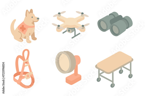 Search and Rescue Icons. Isometric vector illustration set of search and rescue icons: rescue dog, drone, binoculars, rope harness