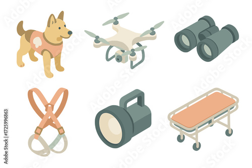 Search and Rescue Icons. Isometric vector illustration set of search and rescue icons: rescue dog, drone, binoculars, rope harness