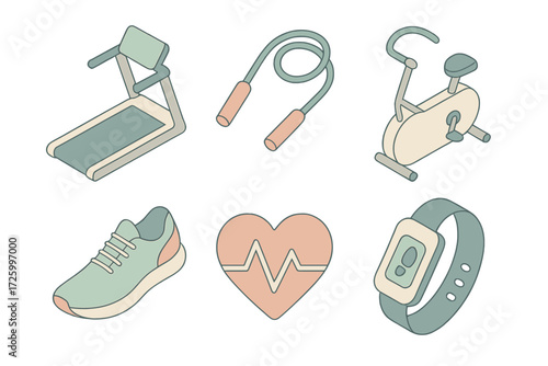 Minimalist Cardio Icons. Isometric vector illustration set of minimalist cardio fitness icons: treadmill, exercise bike, jump rope