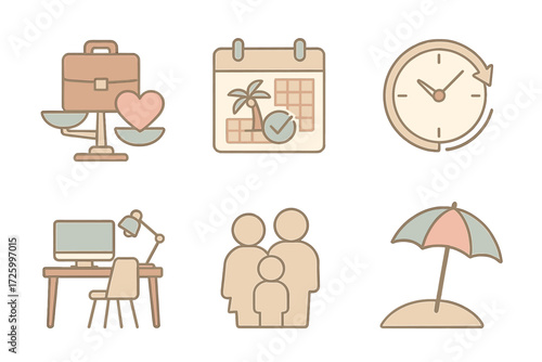 Work-Life Balance Icons. Isometric vector illustration set of work-life balance icons: scales with briefcase and heart, calendar
