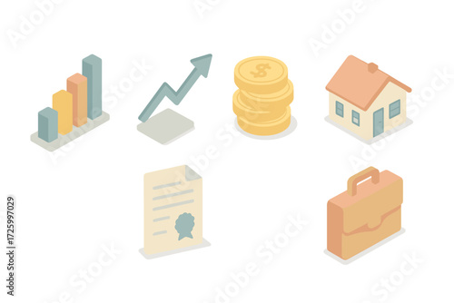 Investment Icons Set. Isometric vector illustration set of investment icons: bar chart, stock market arrow, gold coin stack, bonds