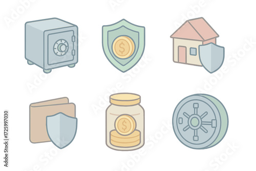 Secure Savings Icons. Isometric vector illustration set of secure savings and protection: locked safe, shield with coin, insured