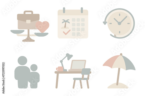 Work-Life Balance Icons. Isometric vector illustration set of work-life balance icons: scales with briefcase and heart, calendar