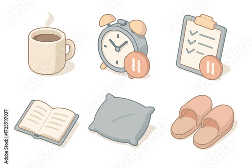 Productivity and Rest Icons. Isometric vector illustration set of productivity and rest icons: coffee mug, alarm clock with break,