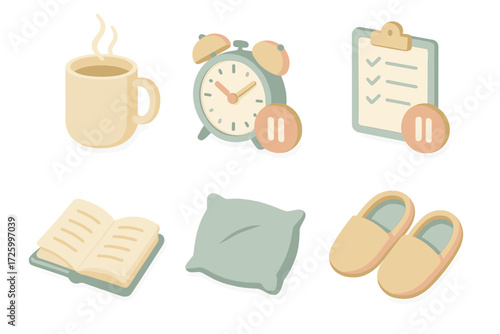 Productivity and Rest Icons. Isometric vector illustration set of productivity and rest icons: coffee mug, alarm clock with break,