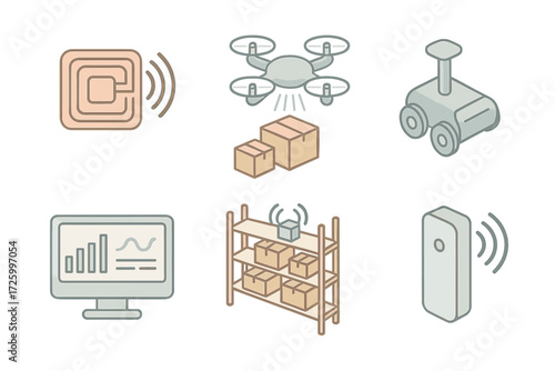 Smart Warehouse Icons. Isometric vector illustration set of smart warehouse technology icons: RFID tag, drone scanning boxes,