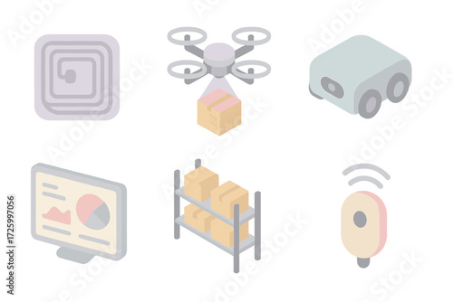 Smart Warehouse Icons. Isometric vector illustration set of smart warehouse technology icons: RFID tag, drone scanning boxes,